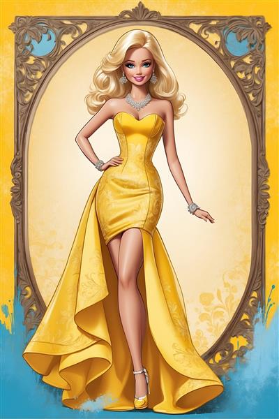 طرح جلد دفتر با تصویر کارتونی باربی در لباس بلند طلایی