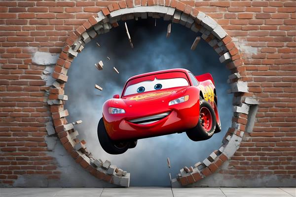 پوستر دیواری انیمیشن ماشین ها مک کویین در حال مسابقه در کنار دیوار آجری