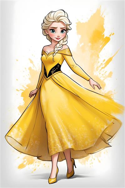 تابلوی زیبا و جذاب از نقاشی دیجیتالی السا پرنسس کارتونی فروزن در لباس زرد