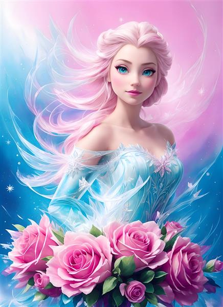 نقاشی دیجیتال فروزن با پرنسس السا و گل‌های رز صورتی