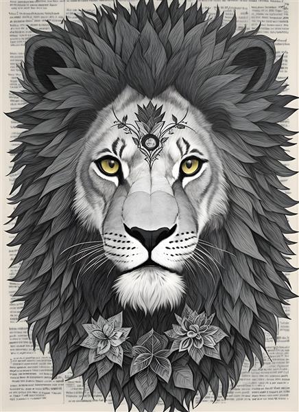 پوستر هنری نقاشی چهره شیر با طرح روزنامه