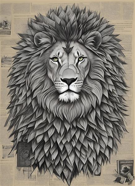 کولاژ هنری چهره شیر با تکه کاغذ روزنامه