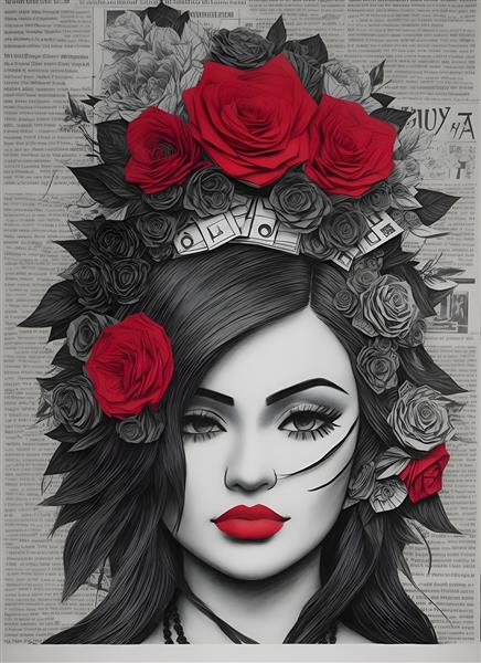 کولاژ چهره زن با گل رز و کاغذ و روزنامه