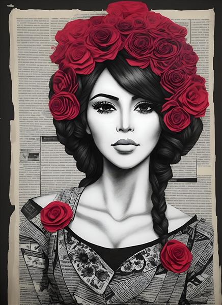 پوستر هنری چهره زن با گل رز و تکه کاغذ