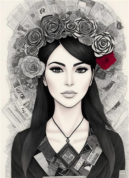 طرح نقاشی دیجیتال چهره زن با گل رز و کولاژ