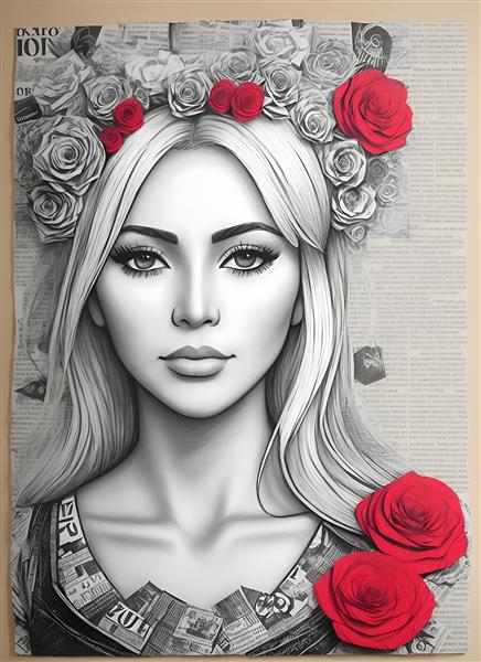 کولاژ هنری چهره با تکه کاغذهای روزنامه و گل رز