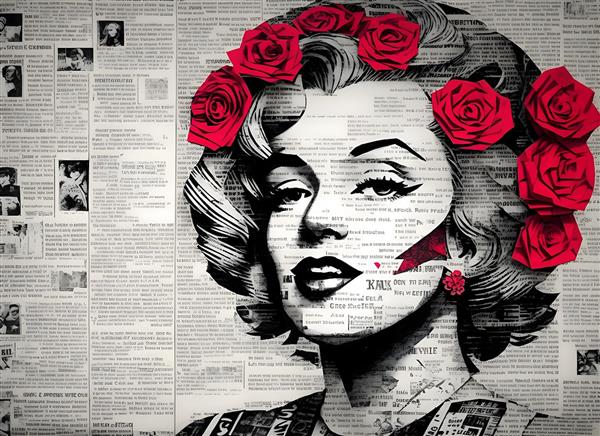 هنر دیجیتال چهره مرلین مونرو با گل رز
