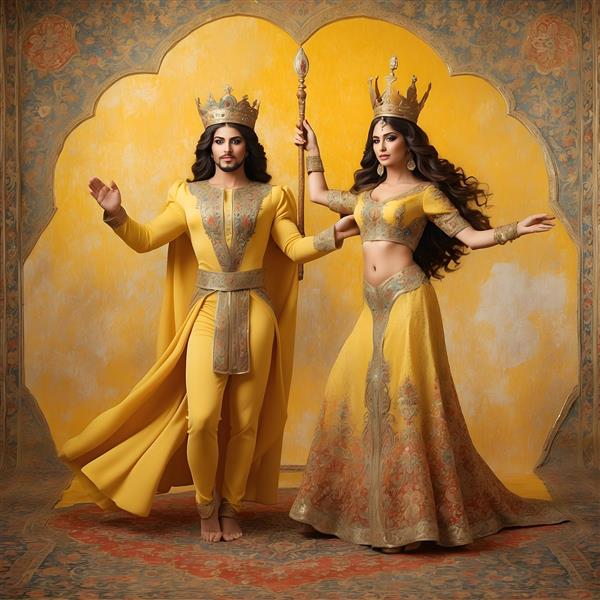 نقاشی دیجیتال هنری با ترکیب فرش ایرانی و پرنسس ها با تاج طلایی