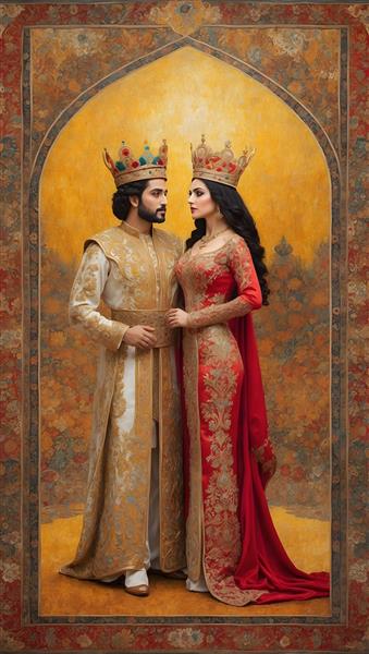 نقاشی دیجیتال هنری با تم پادشاهی و فرش ایرانی
