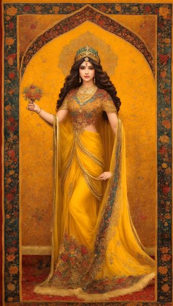 تصویرسازی دیجیتال هنری از ملکه با لباس‌های طلایی