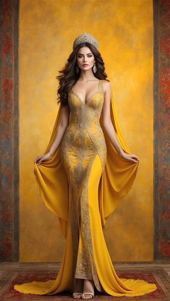 تصویرسازی هنری دیجیتال شاهدخت با لباس طلایی