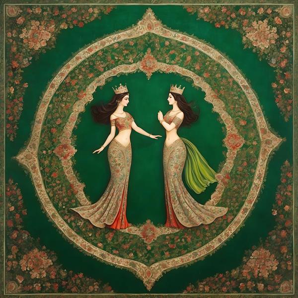 رقص پرنسس ها روی فرش ایرانی سبز نقاشی هنری دیجیتال