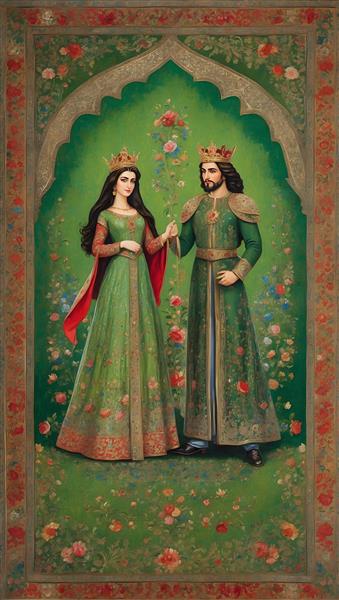 طرح هنری دیجیتال شاه و ملکه بر روی فرش ایرانی