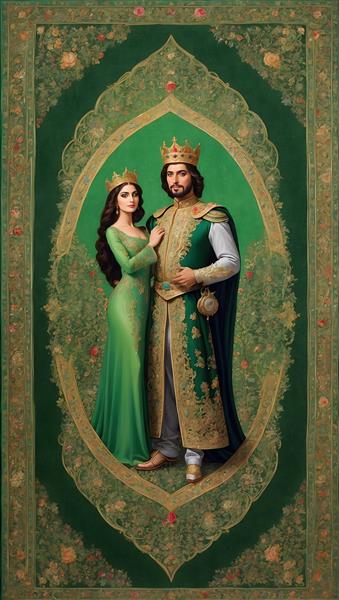 نقاشی دیجیتال سبز با نقش شاه و ملکه