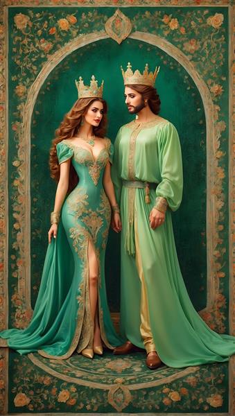 تصویرسازی دیجیتال از شاه و ملکه در فرش ایرانی سبز رنگ