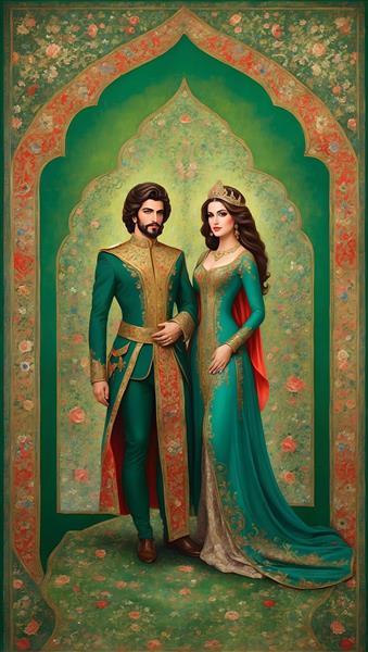 طرح گرافیکی هنری شاه و ملکه با تم فرش ایرانی