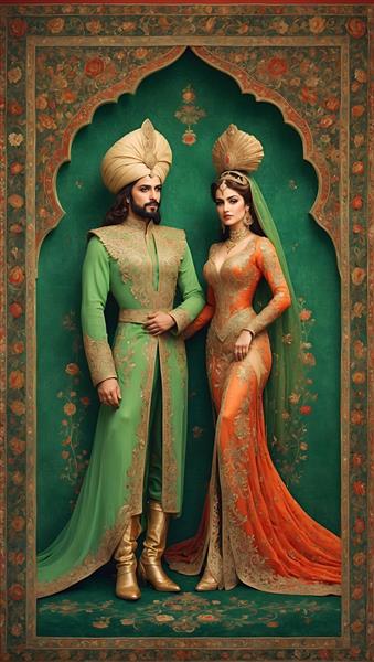نقاشی دیجیتال شاه و ملکه با جزئیات فرش ایرانی