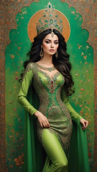 تصویرسازی دیجیتال از پرنسس، فرش ایرانی و رنگ سبز