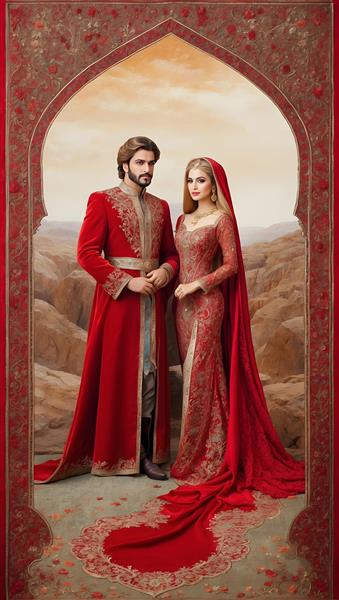 تصویرسازی دیجیتال از پادشاه و ملکه هخامنشی با تم فرش ایرانی