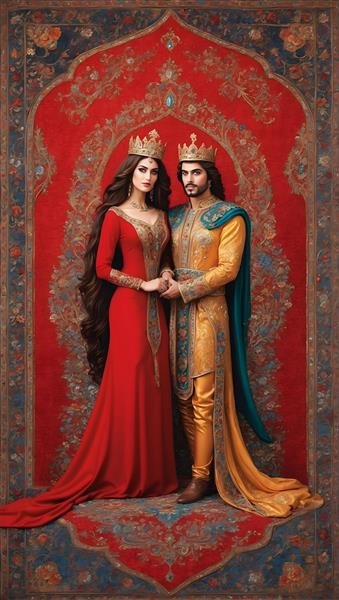 نقاشی دیجیتال از پادشاه و ملکه هخامنشی با فرش ایرانی