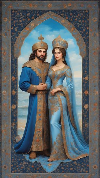 پوستر نقاشی دیجیتال با ترکیب چهره پادشاه و ملکه هخامنشی و فرش ایرانی