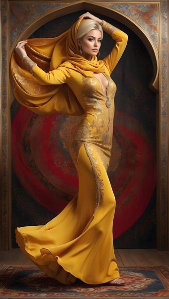 طرح هنری دیجیتال نقاشی دختر با لباس بلند جذاب روی فرش ایرانی