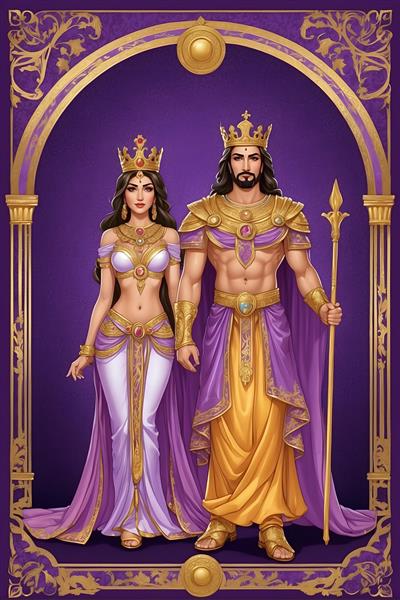 نقاشی از لباس های فاخر و منقش شاه و ملکه هخامنشی