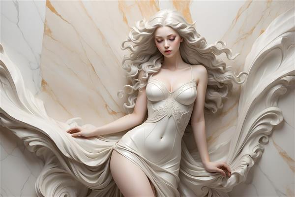 نقاشی هنری سه بعدی با موهای بلند و رنگ سفید طلایی