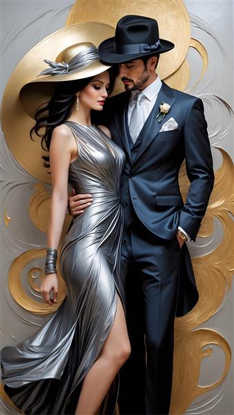نقاشی جذاب زوج عاشق با لباس های طلایی و مشکی