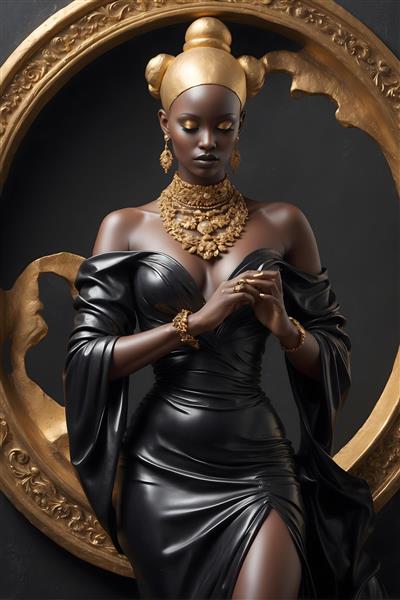 تابلو برجسته لاکچری با طرح مجسمه زن سیاه و طلایی