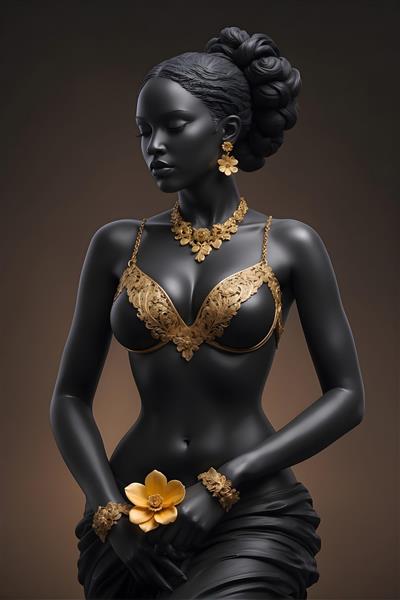 نقاشی سه بعدی جذاب با مجسمه زن سیاه و طلایی