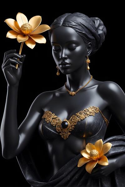 طرح دکوراسیونی لاکچری با مجسمه زن سیاه و گلهای طلایی