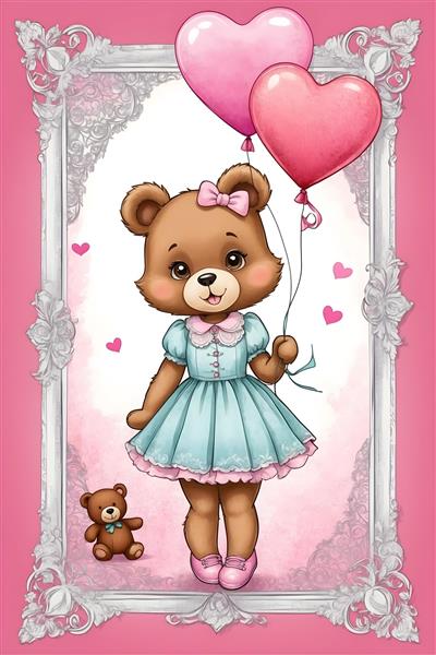 تصویرسازی عاشقانه با خرس تدی و بادکنک قلب برای چاپ روی پوستر