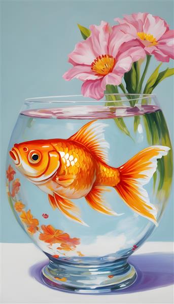 عکس هنری از تنگ ماهی قرمز و انعکاس گل ها در آب