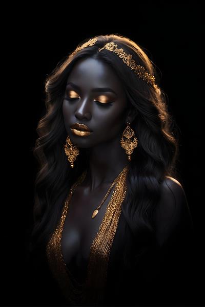 دختر جوان و زیبای سیاه پوست با گردنبند و گوشواره ی طلا