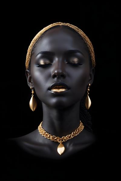 پرتره ی جذاب یک زن سیاه پوست با آرایش و جواهرات طلایی