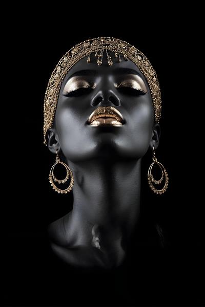 پرتره ی دلفریب زن سیاه پوست با آرایش و جواهرات طلایی