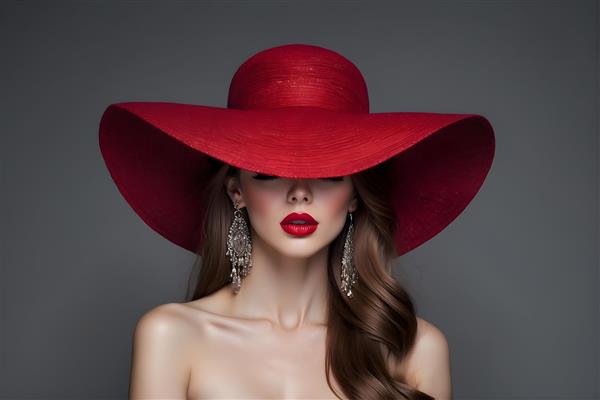 مدلینگ مُد با آرایش و کلاه قرمز در استودیو عکاسی