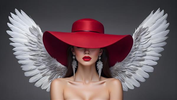 عکاسی مدلینگ از زن جوان با بالهای فرشته و لباس یقه باز