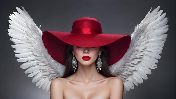 پرتره ی دختر جوان با بالهای فرشته و آرایش ماتیک قرمز