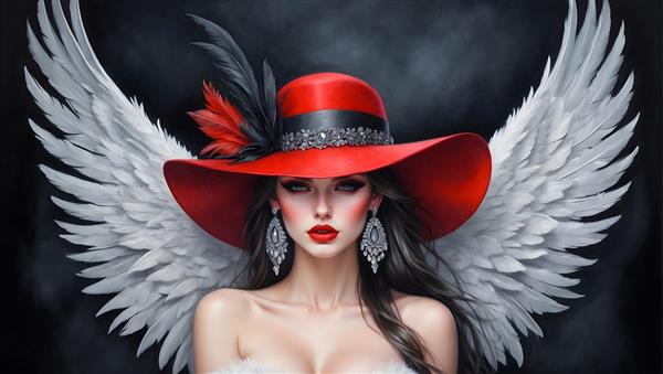 نقاشی چهره فانتزی از فرشته‌ای با کلاه قرمز و گوشواره‌های بزرگ