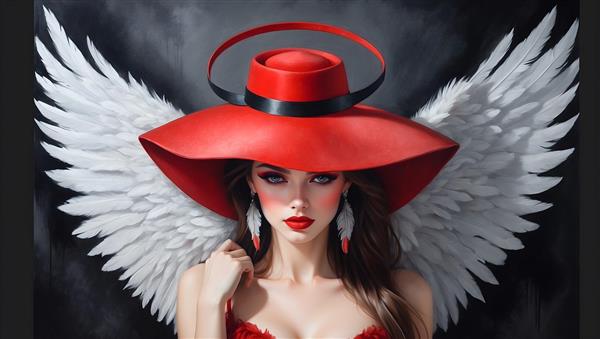 اثر هنری پرتره از دختری با بال‌های فرشته و کلاه قرمز
