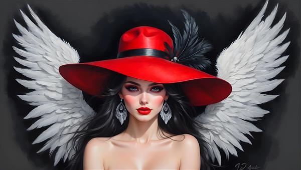 دختری زیبا با بال‌های فرشته و کلاه قرمز در نقاشی هنری