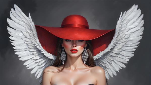 پرتره هنری زن جوان با بال‌های فرشته و کلاه قرمز بزرگ