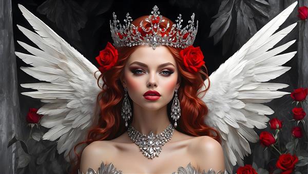 چهره ی ناز و دلنشین یک فرشته با بال های سفید و تاج گل رز در نقاشی پرتره