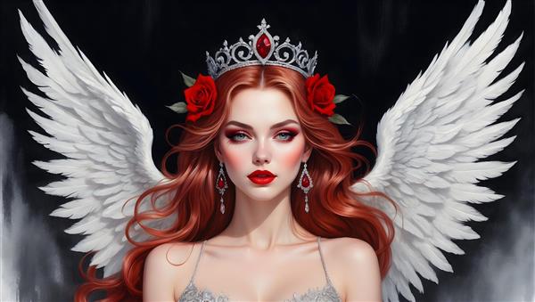 چهره ی یک فرشته ی جذاب با بال های سفید، تاج گل رز و آرایش در نقاشی پرتره