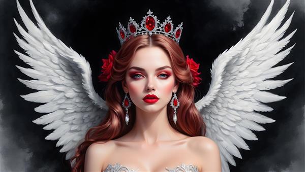 نقاشی پرتره ای از فرشته ای با بال های سفید، تاج گل رز، و پس زمینه تیره
