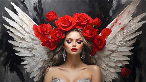 اثر هنری منحصر به فرد پرتره ی فرشته ای با بال و گل رز