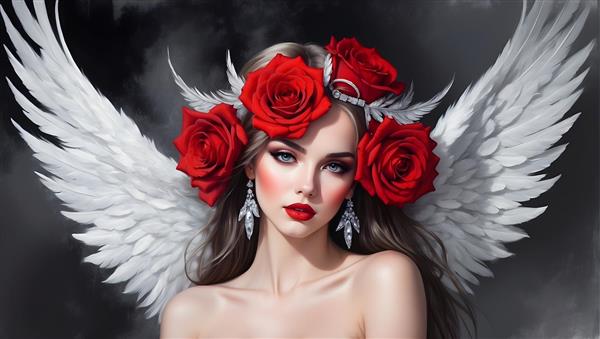 چهره ی ناز و دلنشین فرشته ای با بال های زیبا و گل رز قرمز