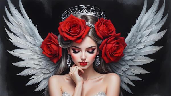 نقاشی پرتره فرشته با ژست ظریف و گوشواره های آویزان و تاج گل